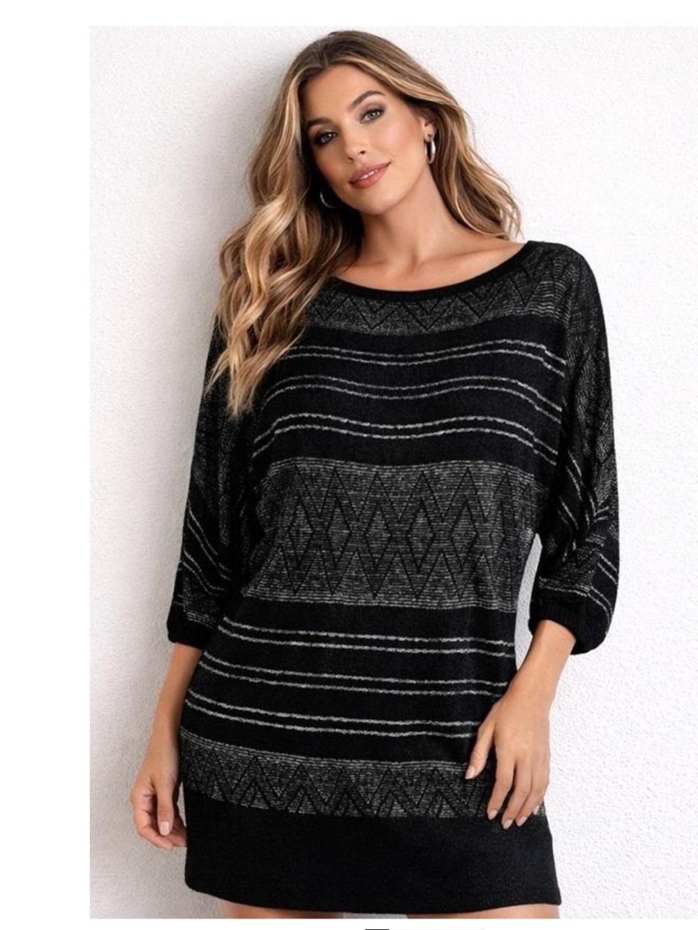 WHBM Dolman Glam Tunic Top / Sweater Dress, Black w Metallic Stripes | Sz S